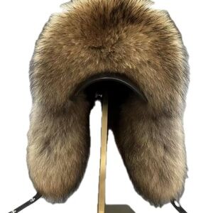 Luxurious Raccoon Brown Fur Trapper hat leather hat